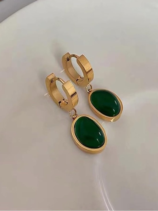 Anthropologie Jewelry - Anthropologie Gold Hoop Earrings with Emerald Green Drops